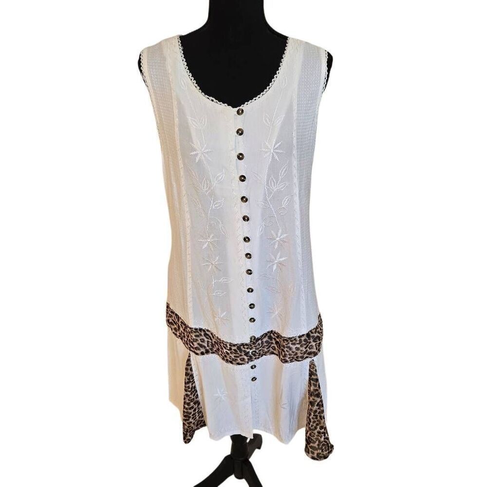 Raya Sun Womens Leopard Print Sleeveless Cotton Blend Sun Dress White Small